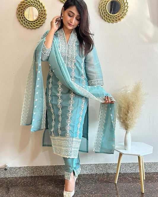 Designer Sky Blue Thread Embroidery Work Suits Set  With Work Dupatta