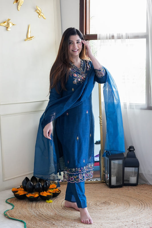 Designer Blue Suit with Artistic Embroidery and Tassel Dupatta