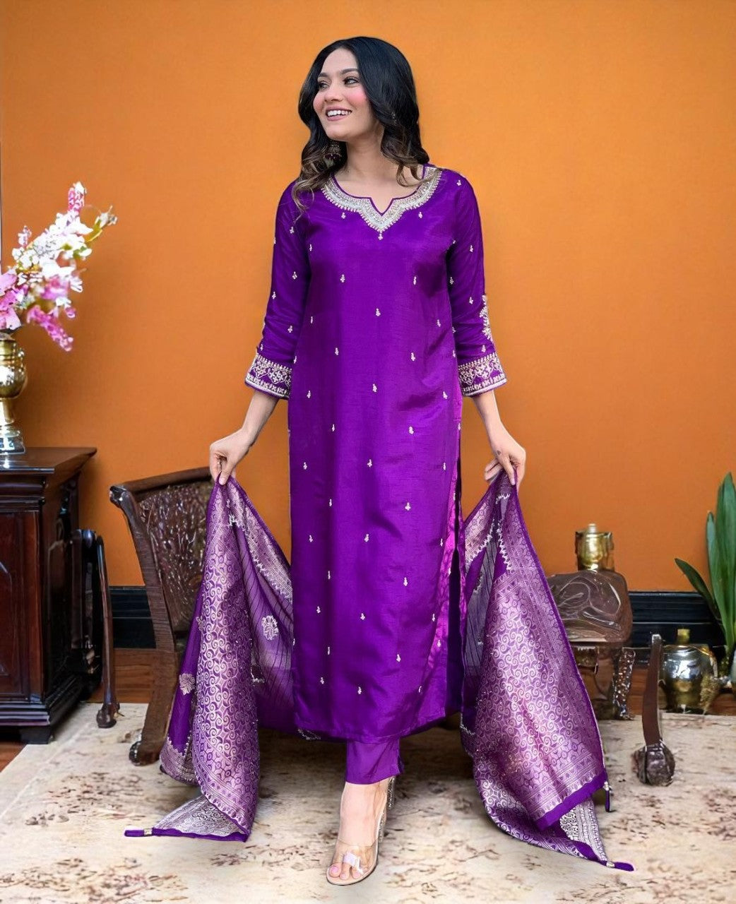 Beautiful Dark Purple Vintage Embriodery Work Kurti Set