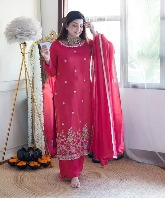 Traditional Pink Jardoshi Embroidery Work Suit Set For Any Occation
