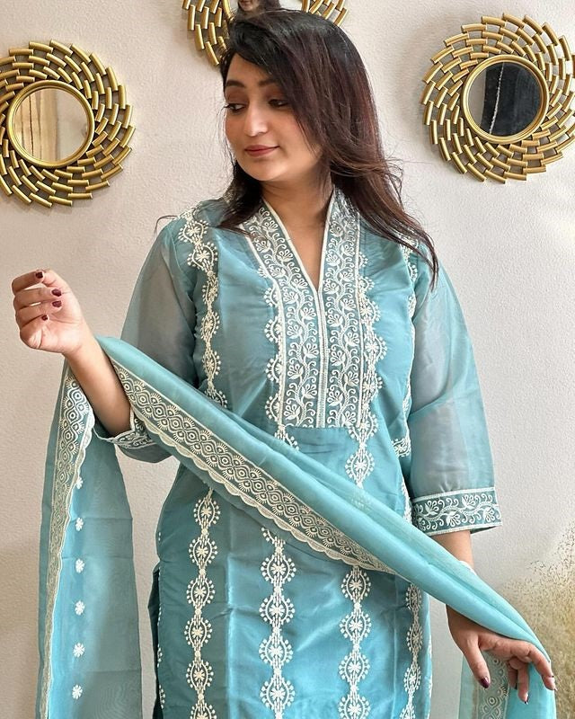Designer Sky Blue Thread Embroidery Work Suits Set  With Work Dupatta