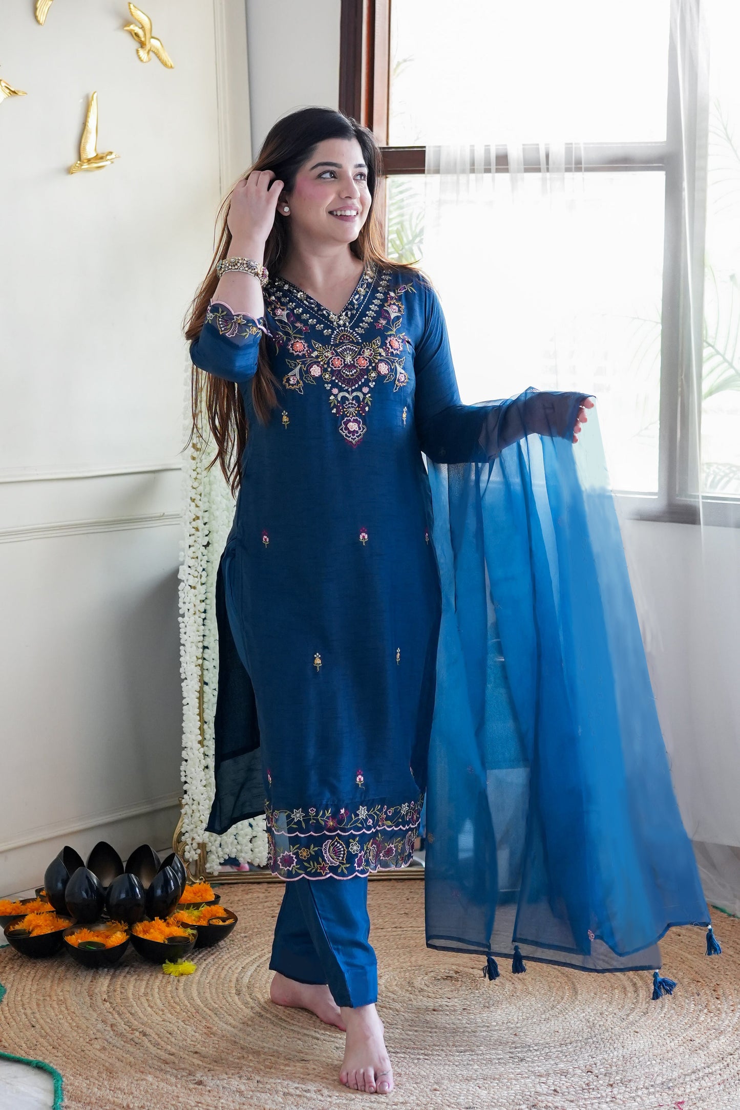 Designer Blue Suit with Artistic Embroidery and Tassel Dupatta