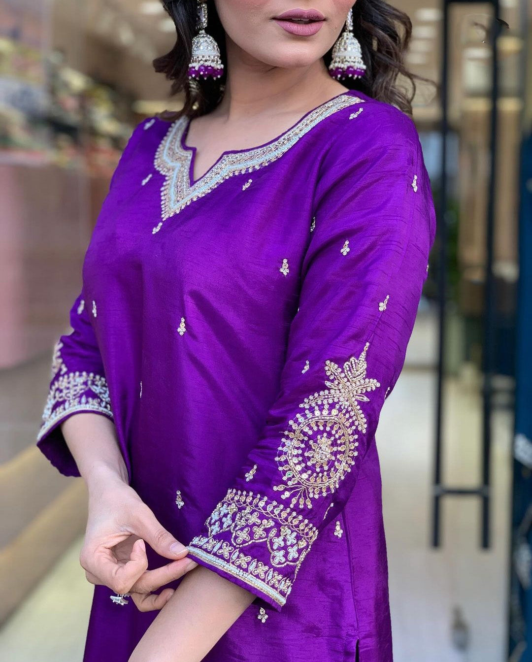 Beautiful Dark Purple Vintage Embriodery Work Kurti Set