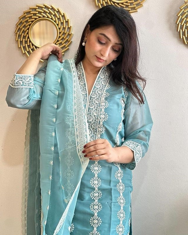Designer Sky Blue Thread Embroidery Work Suits Set  With Work Dupatta