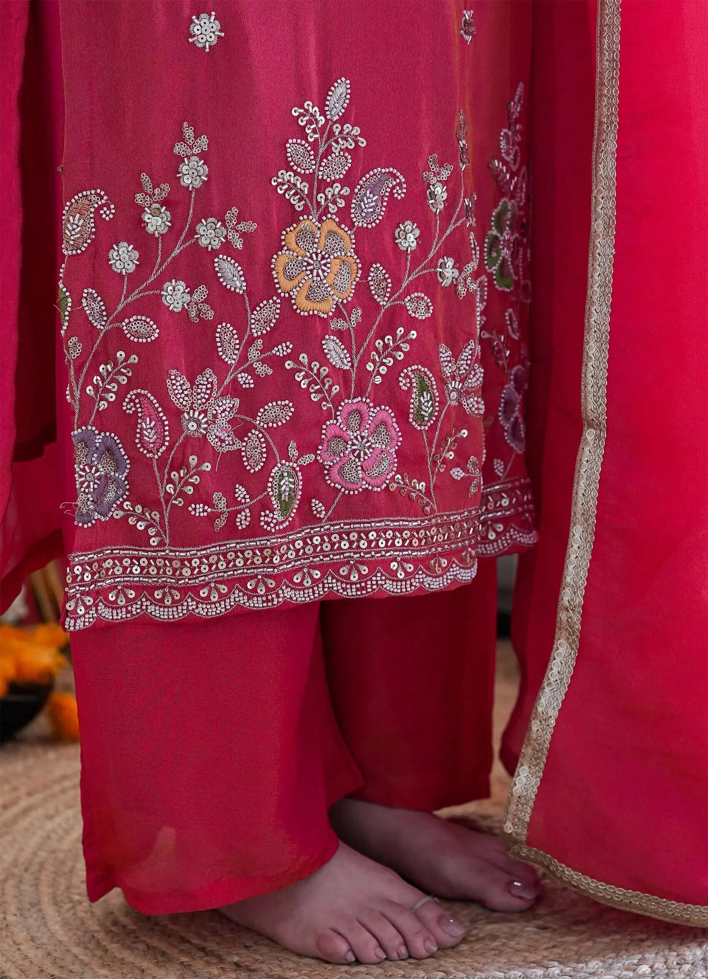 Traditional Pink Jardoshi Embroidery Work Suit Set For Any Occation