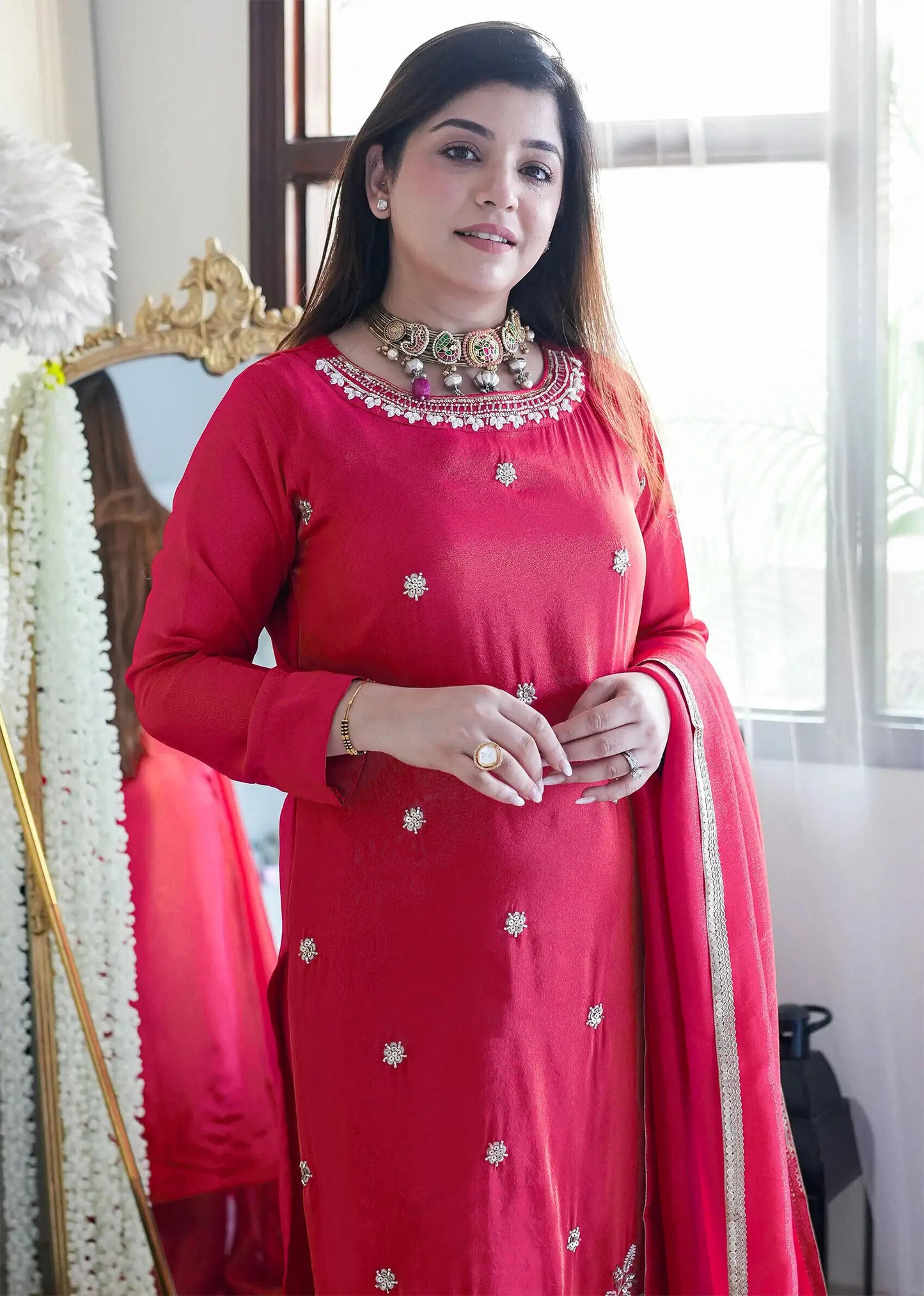 Traditional Pink Jardoshi Embroidery Work Suit Set For Any Occation