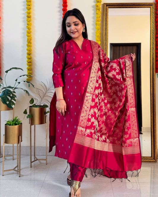 Red Ikkat Inspire Embroidery Work With Silver Thread Work Dupatta Suit Set