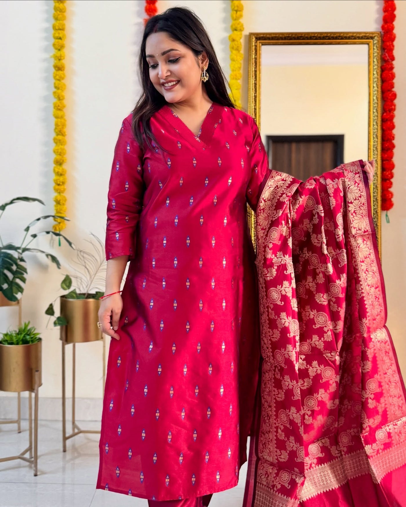 Red Ikkat Inspire Embroidery Work With Silver Thread Work Dupatta Suit Set