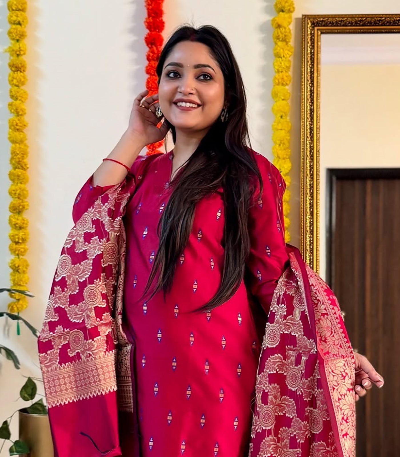 Red Ikkat Inspire Embroidery Work With Silver Thread Work Dupatta Suit Set