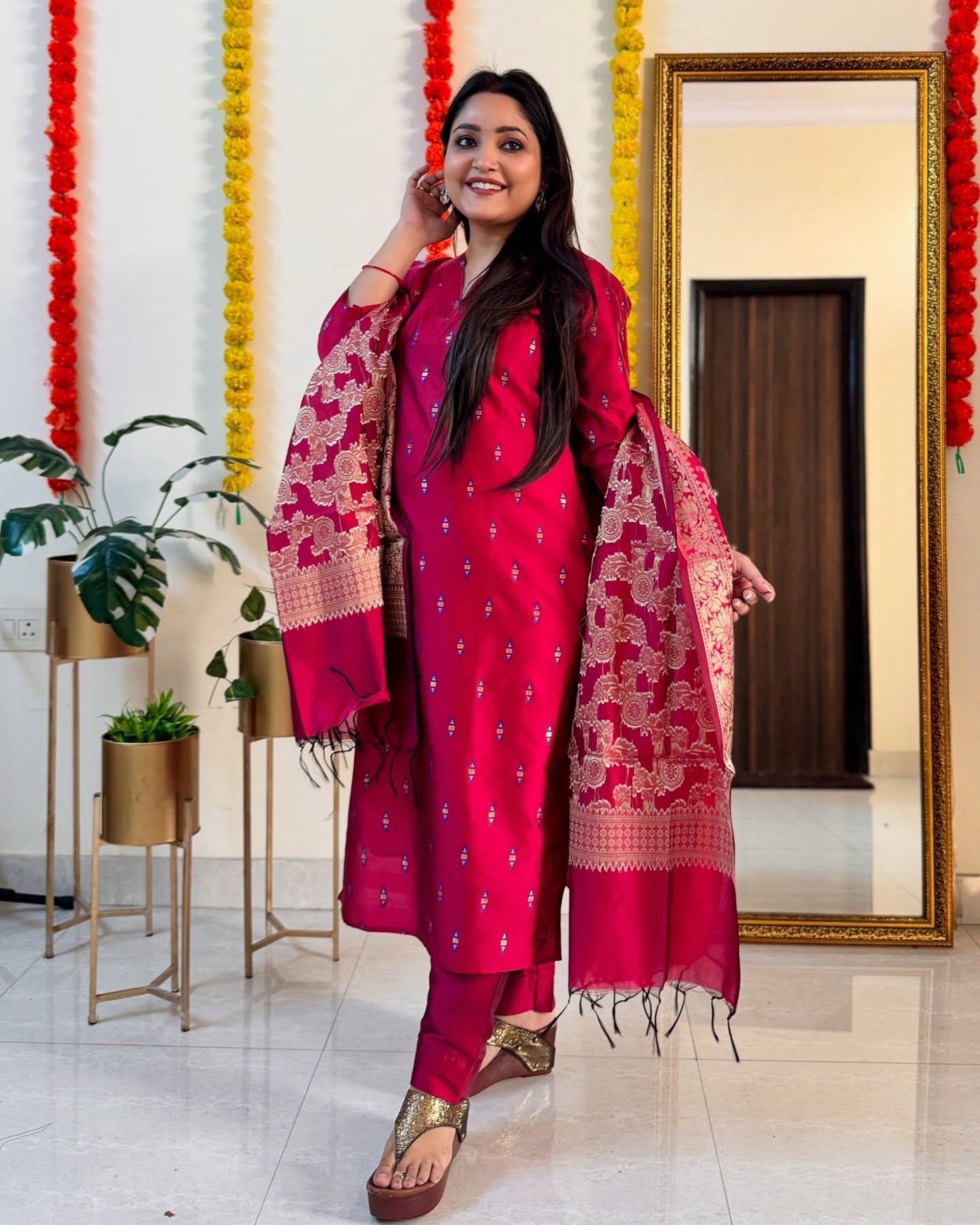 Red Ikkat Inspire Embroidery Work With Silver Thread Work Dupatta Suit Set