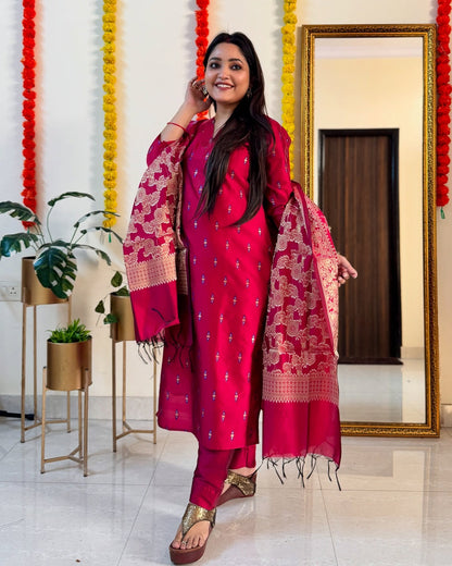 Red Ikkat Inspire Embroidery Work With Silver Thread Work Dupatta Suit Set