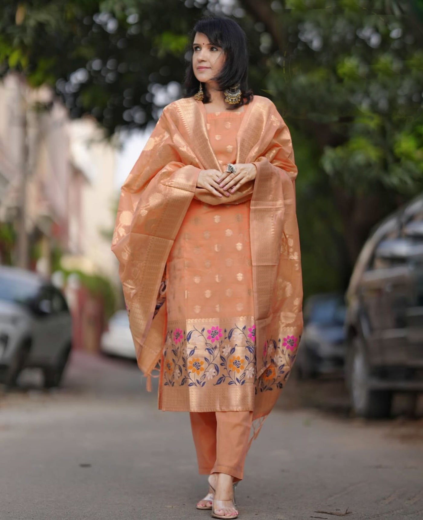 Peach jacquard Embroidery Work Beautiful Suits Set With Work Dupatta
