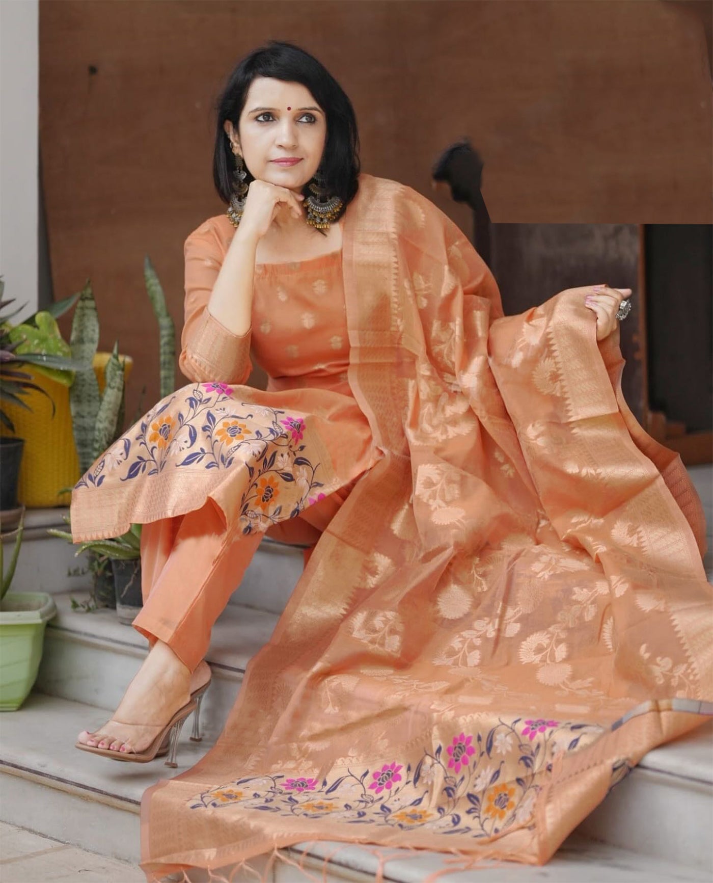Peach jacquard Embroidery Work Beautiful Suits Set With Work Dupatta