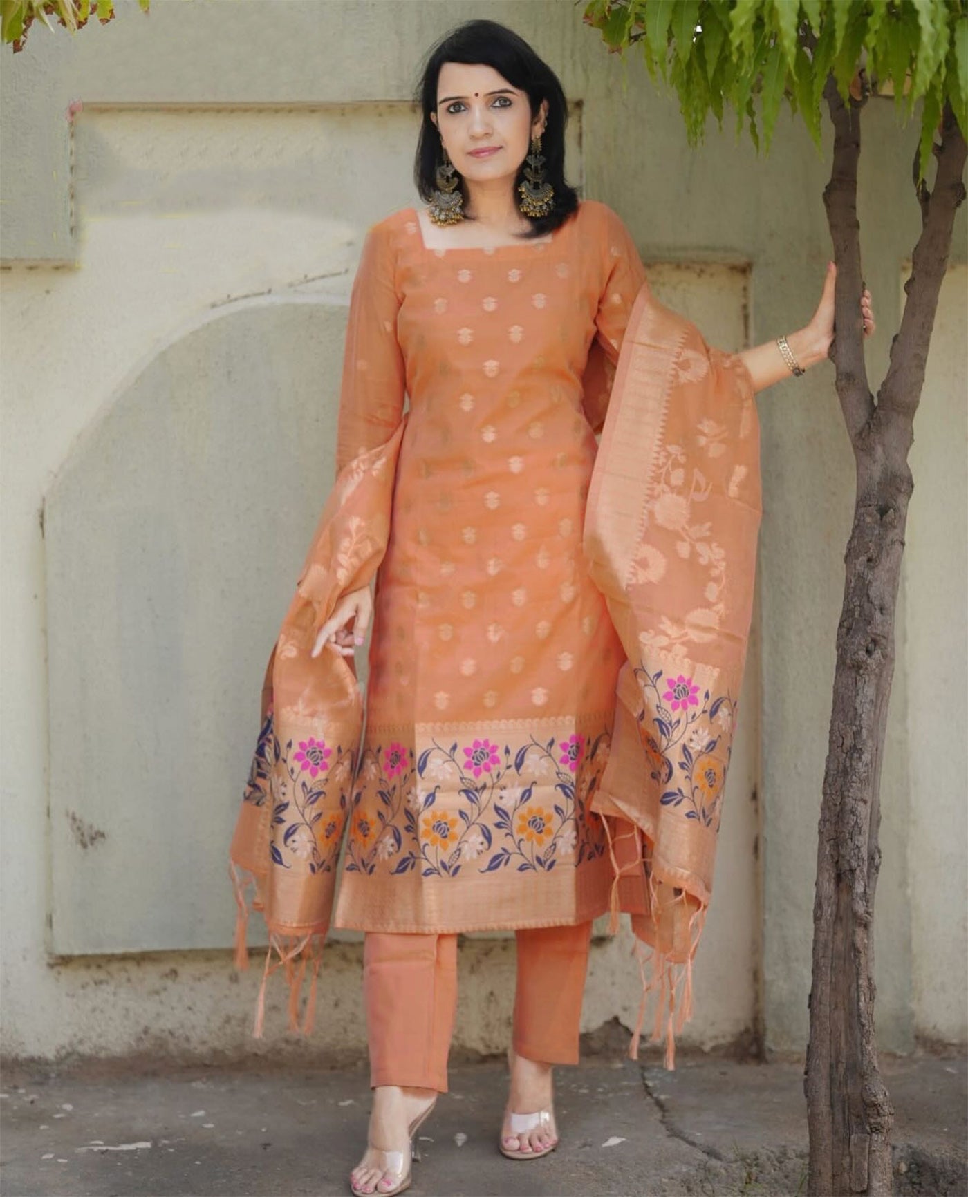 Peach jacquard Embroidery Work Beautiful Suits Set With Work Dupatta