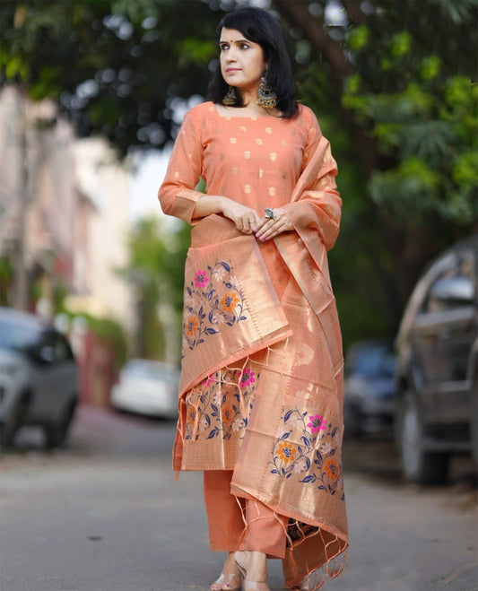 Peach jacquard Embroidery Work Beautiful Suits Set With Work Dupatta