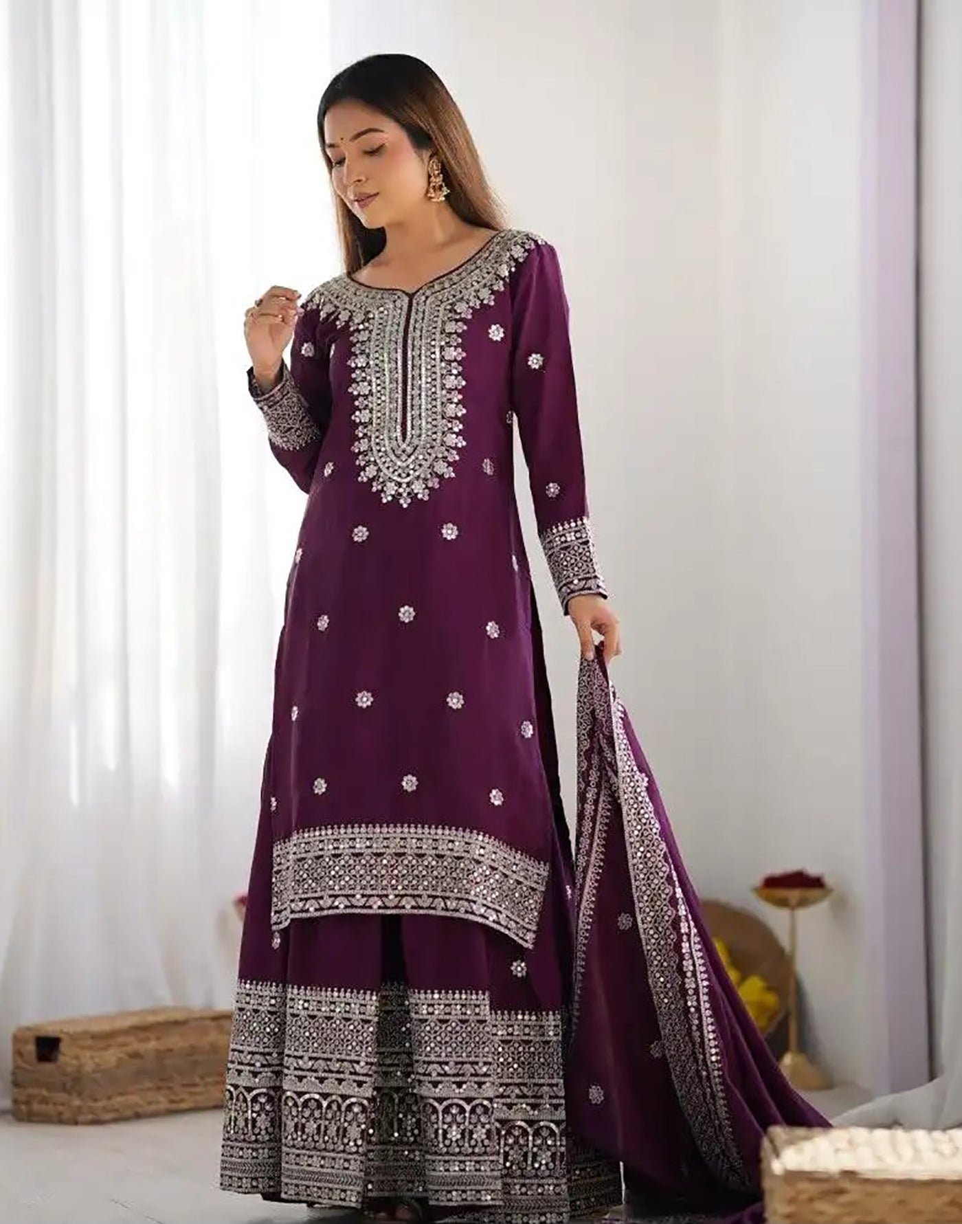 Classic White Vinateg Thread Embroidery Work Chinnon Sharara Suits Set For Your Occation
