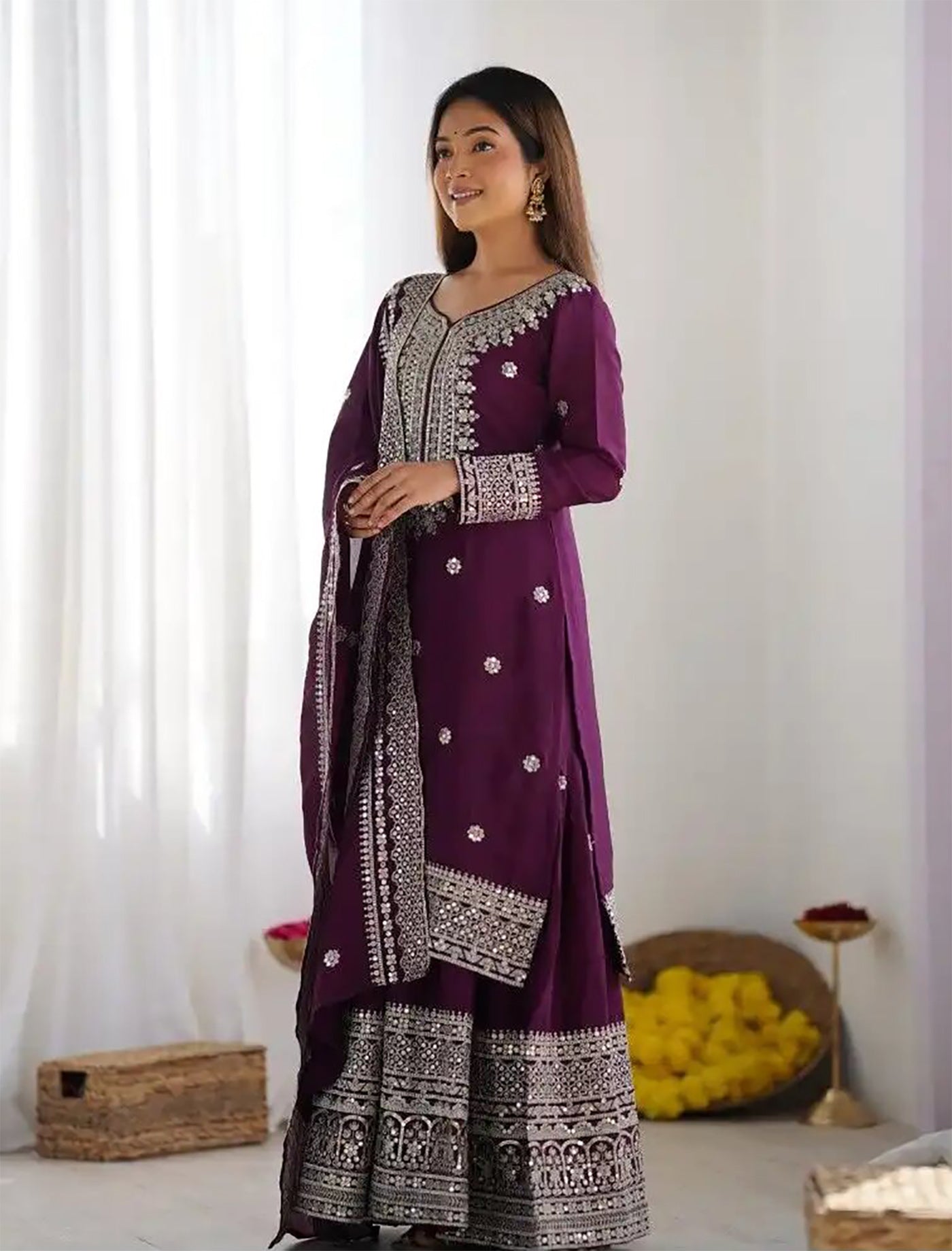 Classic White Vinateg Thread Embroidery Work Chinnon Sharara Suits Set For Your Occation