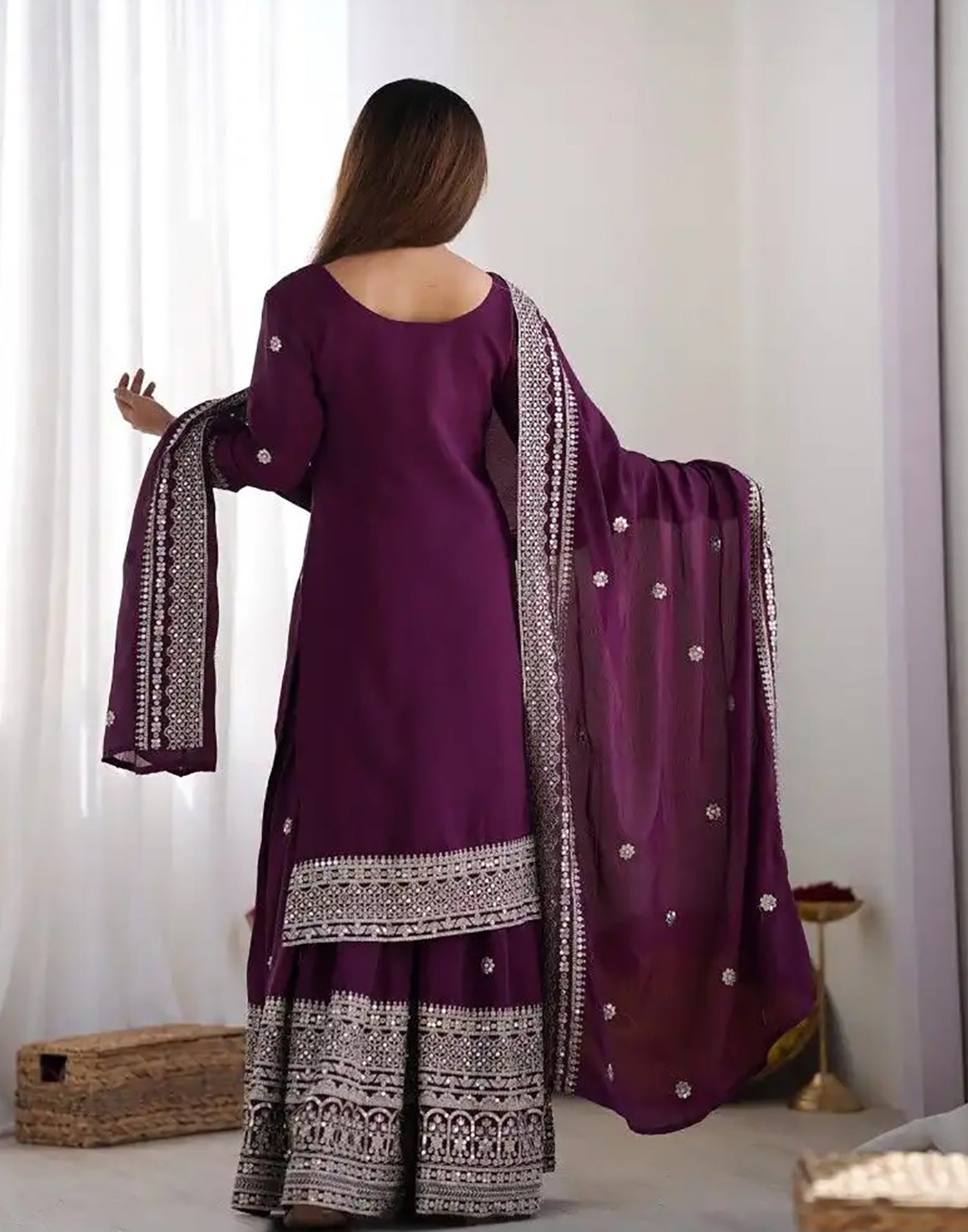 Classic White Vinateg Thread Embroidery Work Chinnon Sharara Suits Set For Your Occation