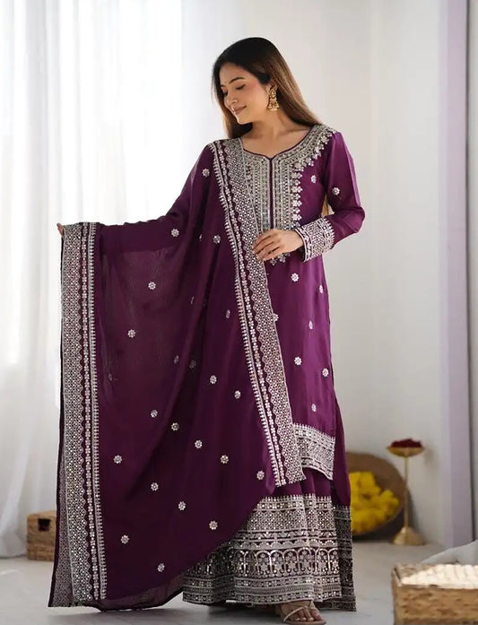 Classic White Vinateg Thread Embroidery Work Chinnon Sharara Suits Set For Your Occation