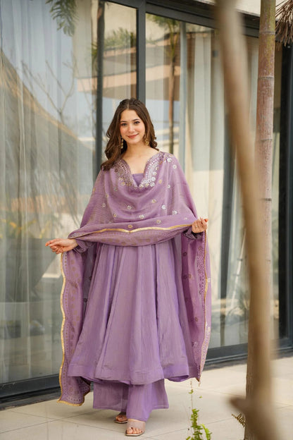 Eye Catching Lavender Anarkali Suits Set With Rich Embroidery Work Dupatta For festival