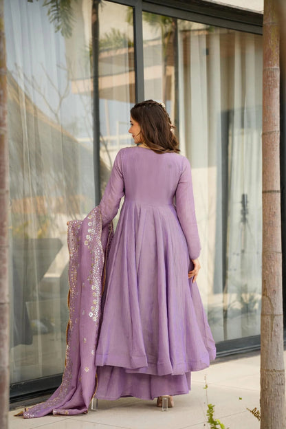 Eye Catching Lavender Anarkali Suits Set With Rich Embroidery Work Dupatta For festival