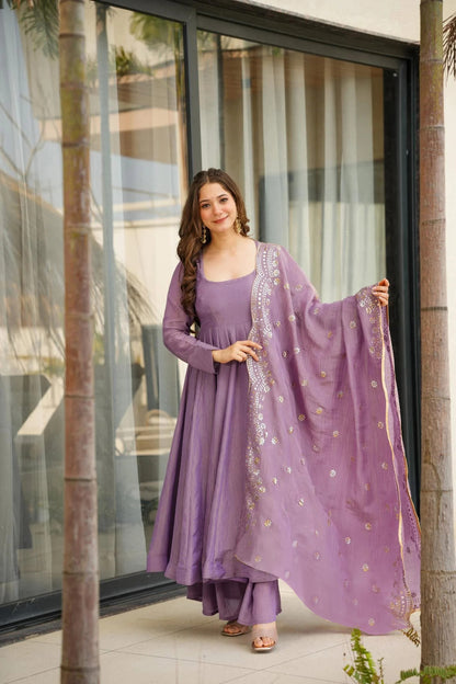 Eye Catching Lavender Anarkali Suits Set With Rich Embroidery Work Dupatta For festival
