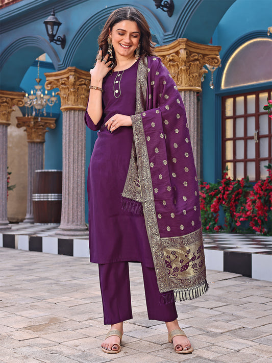 Purple And Golden Embroidery Work Occational Suits Set With Dupatta
