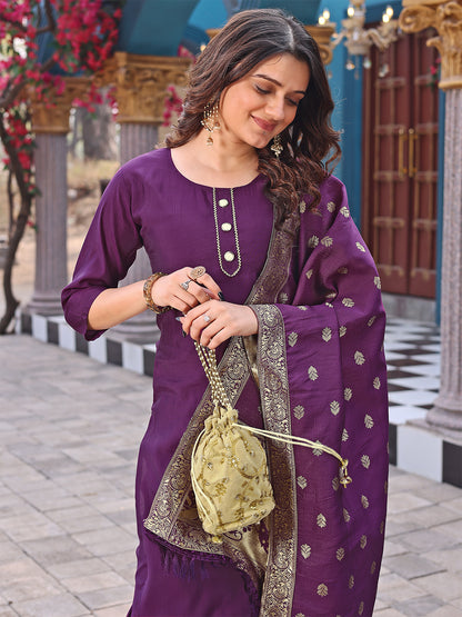 Purple And Golden Embroidery Work Occational Suits Set With Dupatta