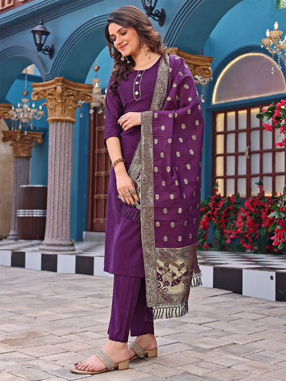 Purple And Golden Embroidery Work Occational Suits Set With Dupatta