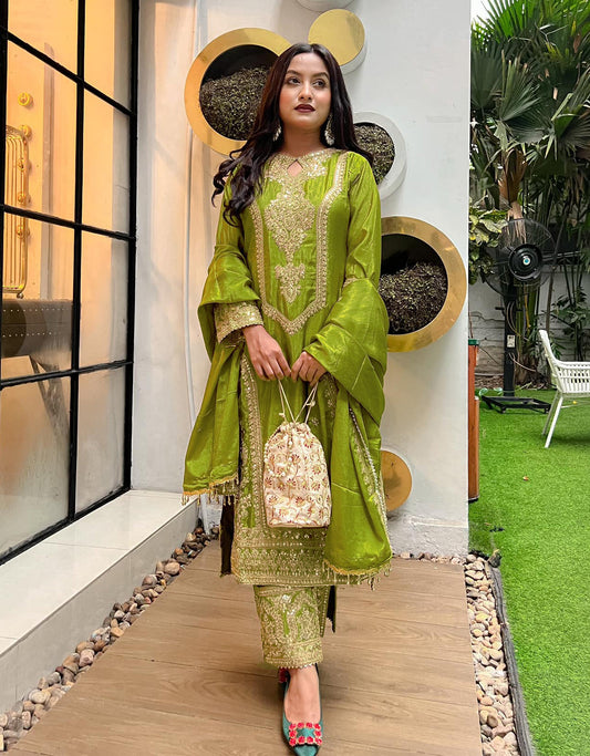 Premium Sequins Jardoshi Embroidery Work Suits Set With Dupatta For Wedding