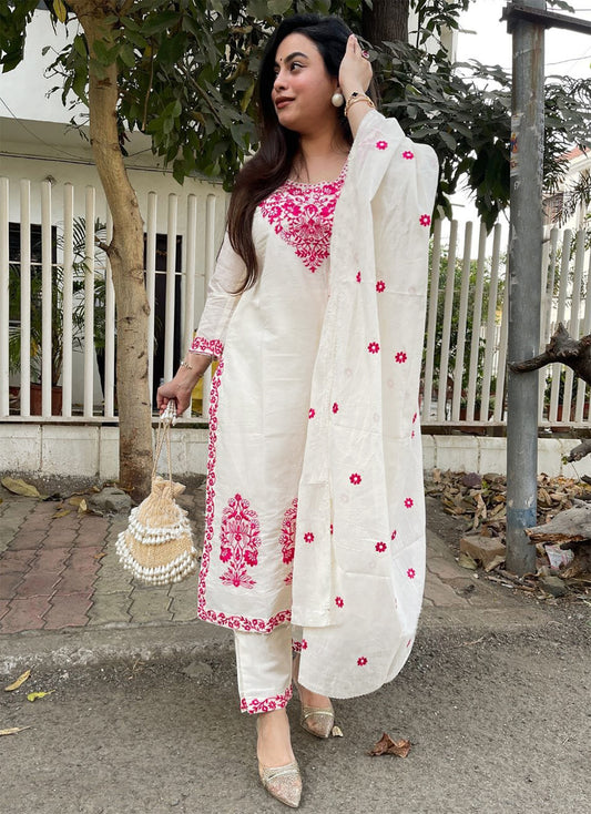 Off White Thread Embroidery Work Premium Suits Set For Every Occation