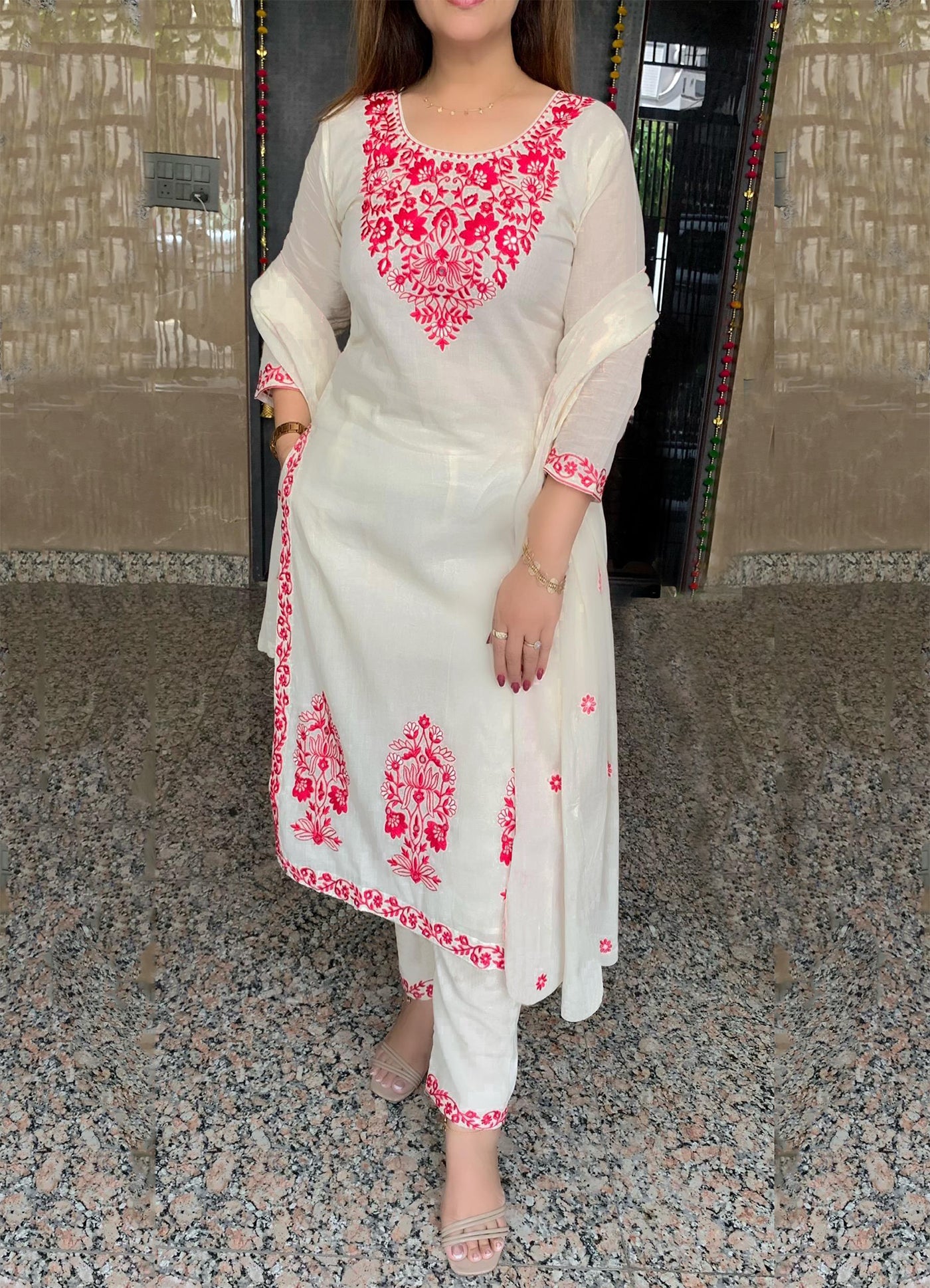Off White Thread Embroidery Work Premium Suits Set For Every Occation