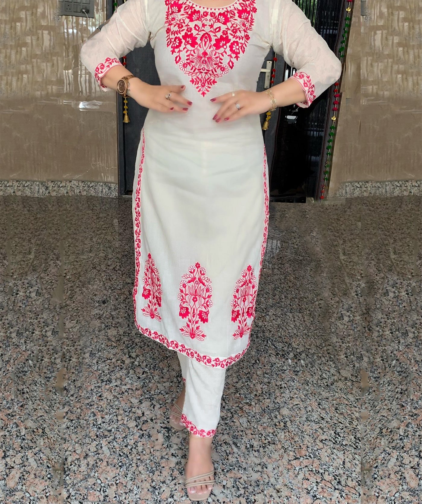 Off White Thread Embroidery Work Premium Suits Set For Every Occation