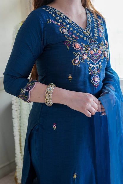 Designer Blue Suit with Artistic Embroidery and Tassel Dupatta