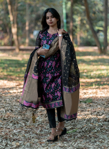 Stylish Multicolor Weaving Embroidery Work Kurti Suits Set With jacquard Work Dupatta