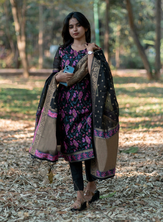 Stylish Multicolor Weaving Embroidery Work Kurti Suits Set With jacquard Work Dupatta