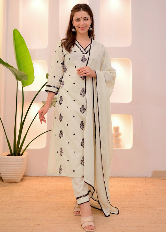White And Black Edition Thread Work Kurti Suits Set With Dupatta
