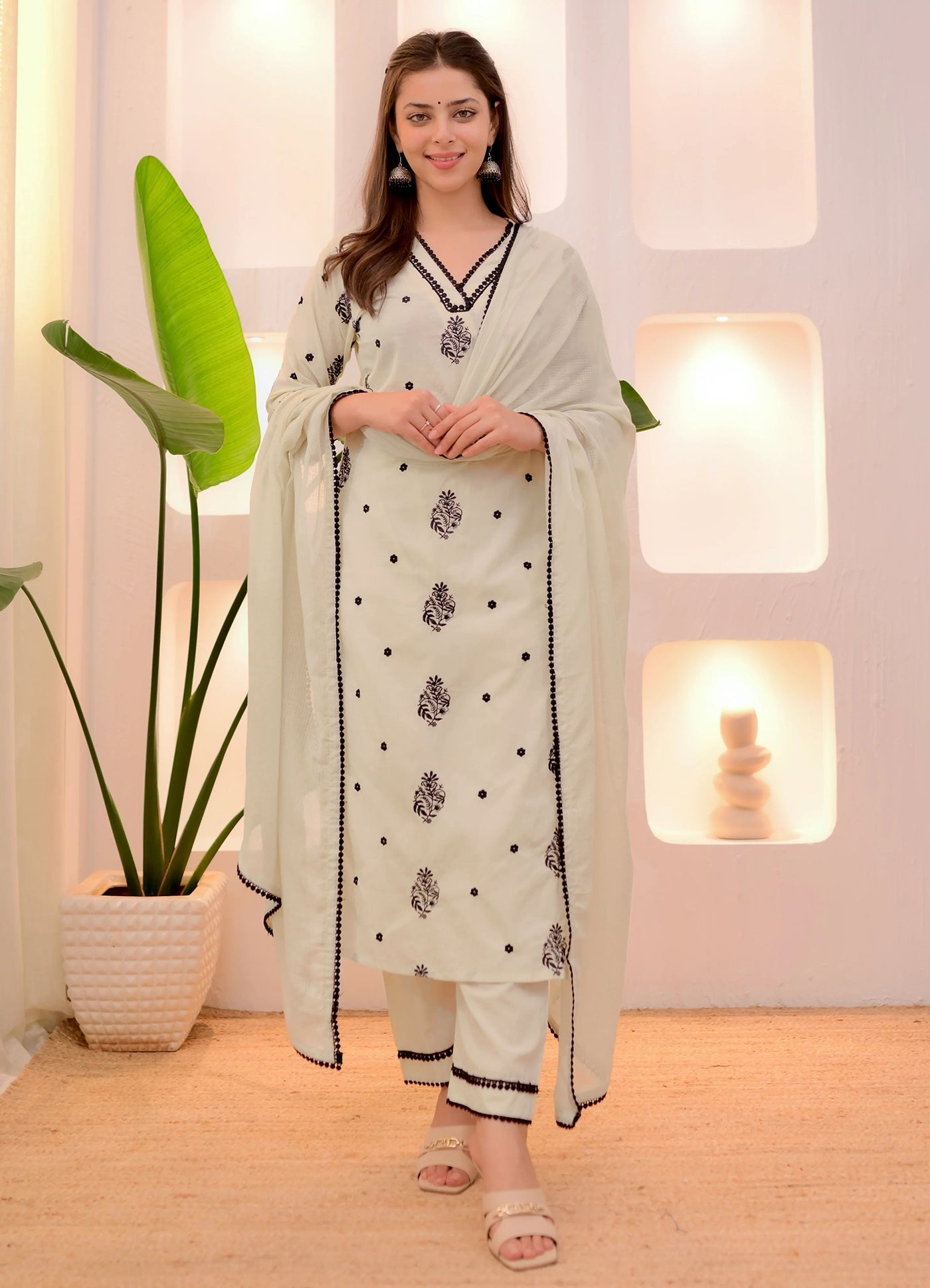 White And Black Edition Thread Work Kurti Suits Set With Dupatta