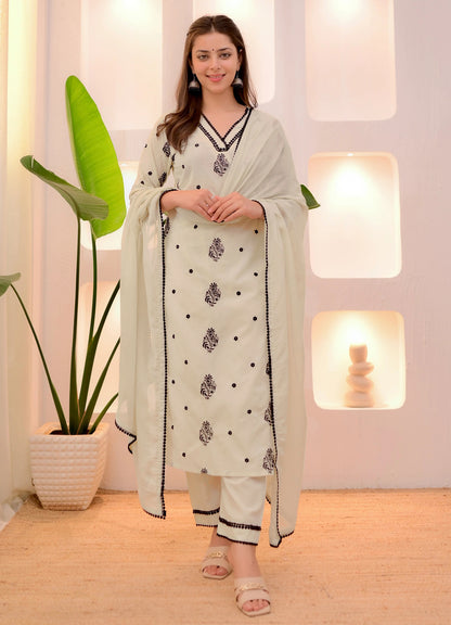 White And Black Edition Thread Work Kurti Suits Set With Dupatta