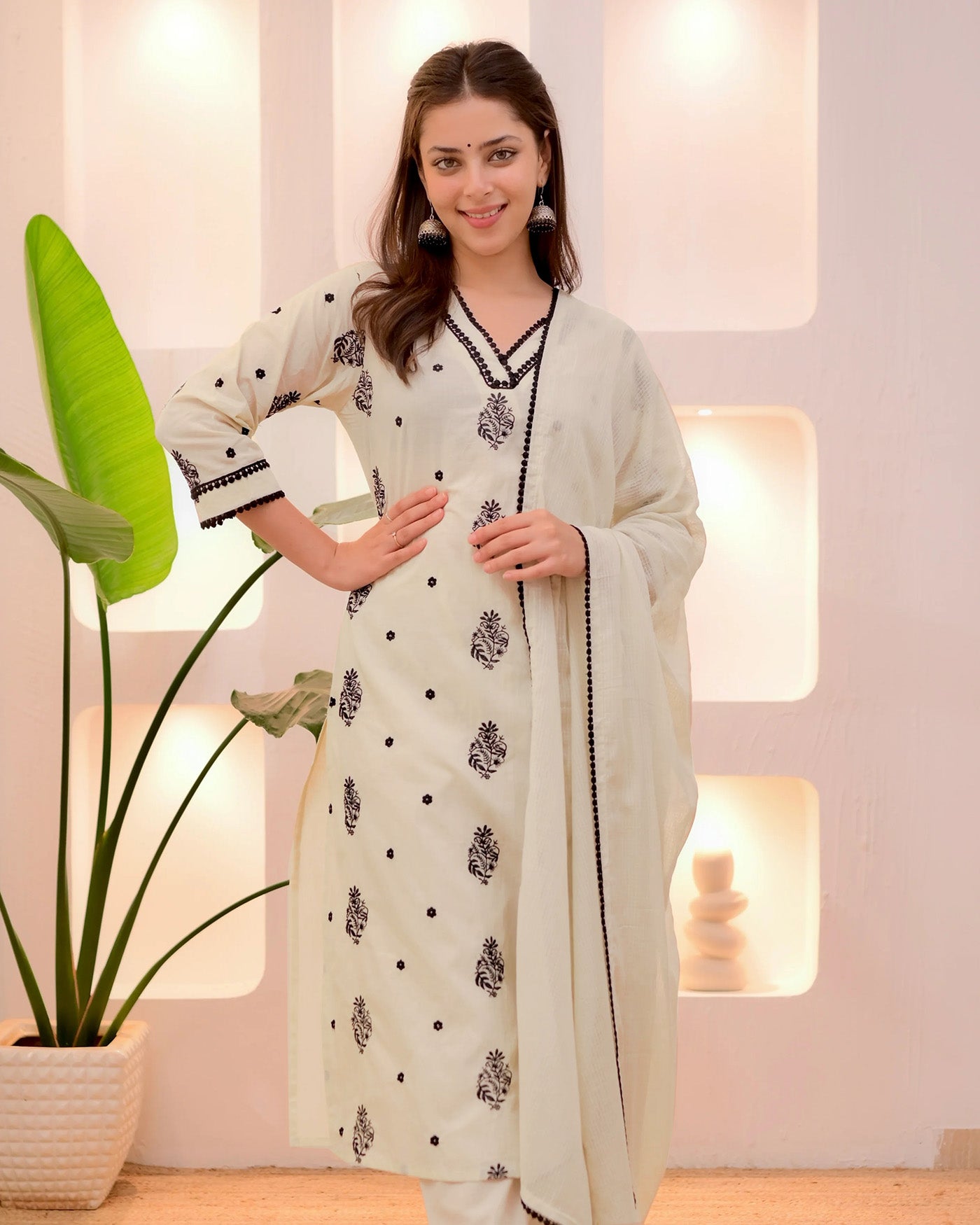 White And Black Edition Thread Work Kurti Suits Set With Dupatta