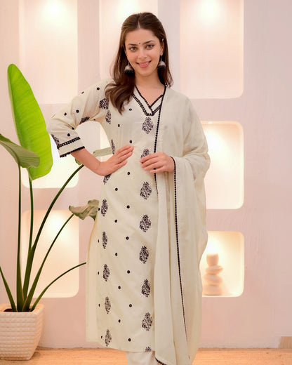White And Black Edition Thread Work Kurti Suits Set With Dupatta