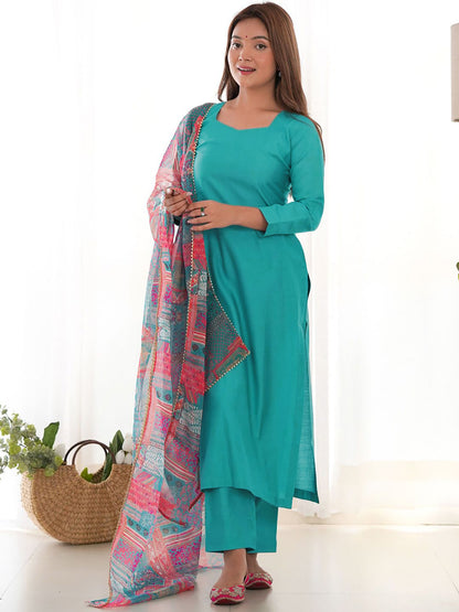 Top Selling Solid Kurti Pajyama Set With lace Work Dupatta