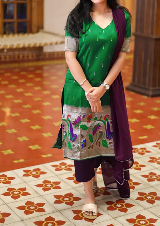 Luxurious Jacquard Pichwaai Work Green Kurti Suit Set With Dupatta