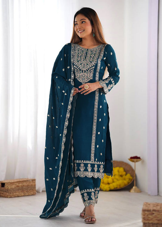Vintage White Premium Thread Work Embroidery Kurti Suits Set With Dupatta