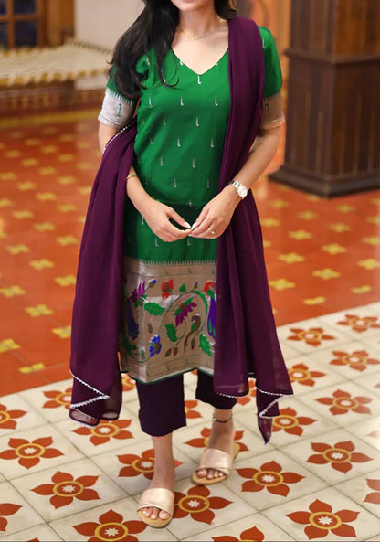Luxurious Jacquard Pichwaai Work Green Kurti Suit Set With Dupatta