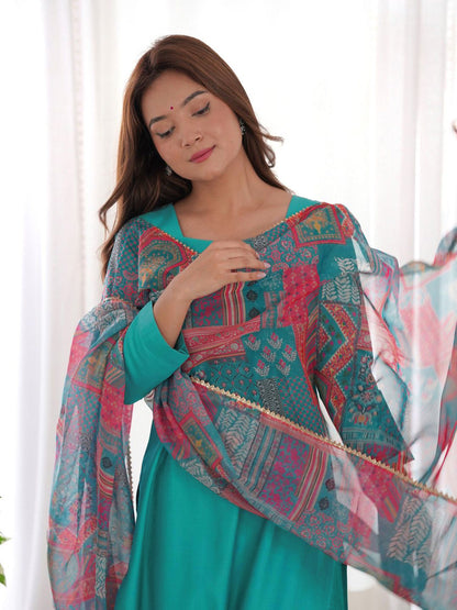 Top Selling Solid Kurti Pajyama Set With lace Work Dupatta