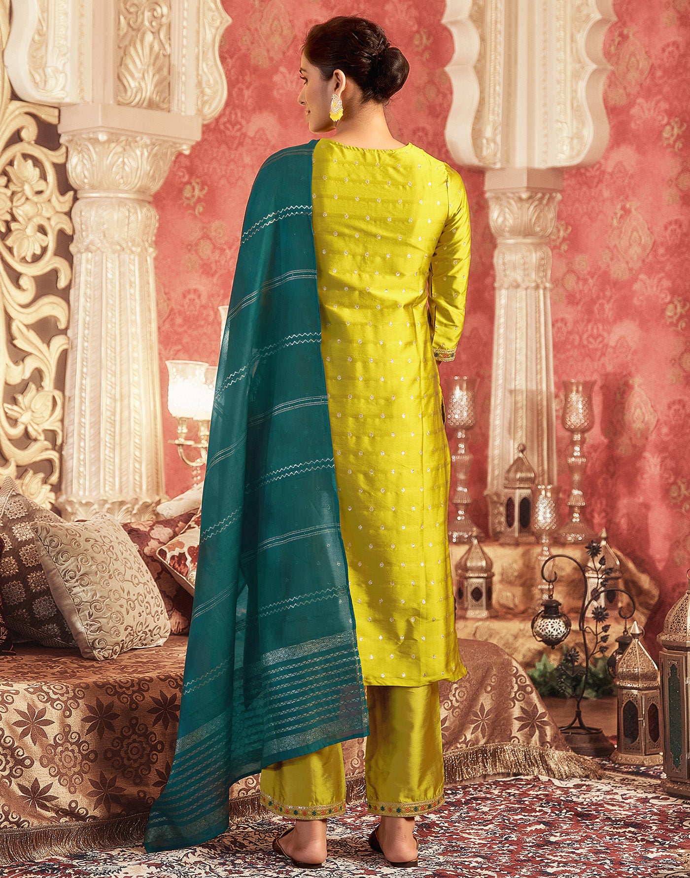 V Neck Rich Embrodery Work Kurti With Contrast Color Dupatta Suits Set