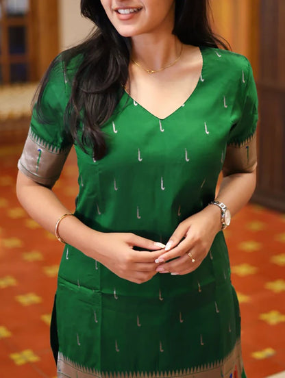 Luxurious Jacquard Pichwaai Work Green Kurti Suit Set With Dupatta