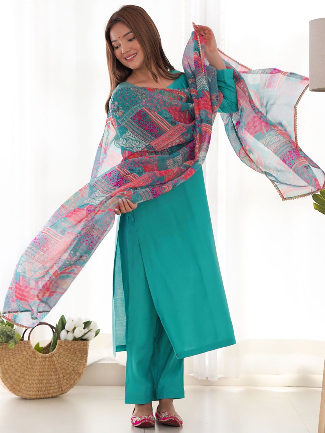 Top Selling Solid Kurti Pajyama Set With lace Work Dupatta