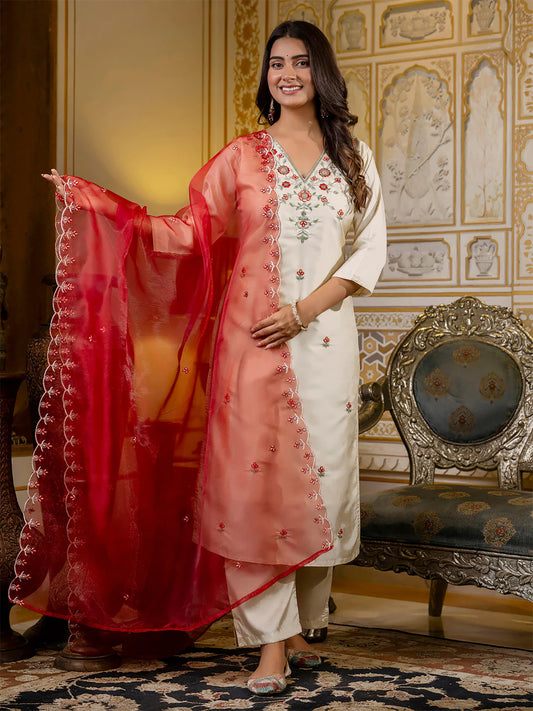 Designer Ivory Suit with Scarlet Sheer Dupatta and Floral Embroidery